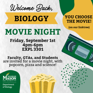 Bio Movie Night Flyer with Text "You are invited for a movie night with popcorn pizza and science. You choose the Movie!"