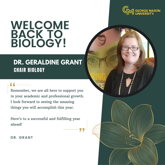 An image with text, a quote from Dr. Grant welcoming back students and faculty