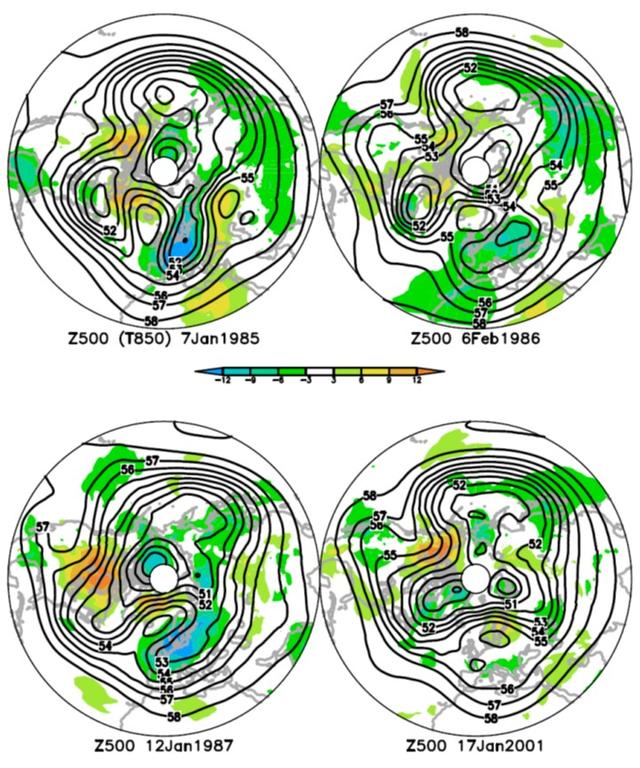 Preferred States: maps of geopotential height at the five-day average 500 hPa pressure level full field (black contours) and departures from January climatology (shading), units of 100 m.