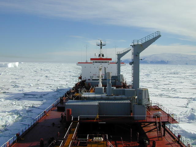 The tanker Richard G. Matthiesen navigates the ice of the Arctic while under the command of Capt. Ralph H. Pundt. Photo courtesy of Capt. Pundt of the Maine Maritime Academy, a consultant for the grant.