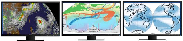 Monitors showing climate-related images and data