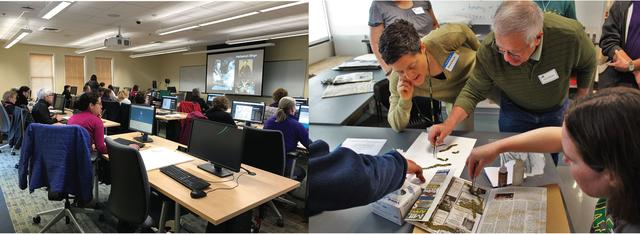 Left: Workshop for the Virginia Master Naturalists held at the Smithsonian-Mason Campus in Front Royal, 2017. Right: Workshop for the Virginia Native Plant Society held at the Ted R. Bradley Herbarium, 2016