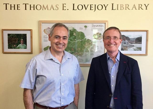 University Professor Tom Lovejoy (right) with Mason President Ángel Cabrera at the new library at the Smithsonian-Mason School of Conservation. Lovejoy has been examining biodiversity and conservation for over 50 years. Photo from alumni.gmu.edu.  University Professor in the ESP department Dr. Thomas Lovejoy was in attendance along with Mason President Ángel Cabrera, Mason First Lady Beth Cabrera, Provost S. David Wu, Smithsonian Mason School of Conservation (SMSC) Interim Director Cody Edwards, and Smithso