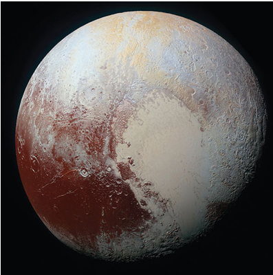 Figure 1. Full-disk image of Pluto showing its diverse surface composition, ranging from bright nitrogen ice glaciers to dark carbon-rich plains.  