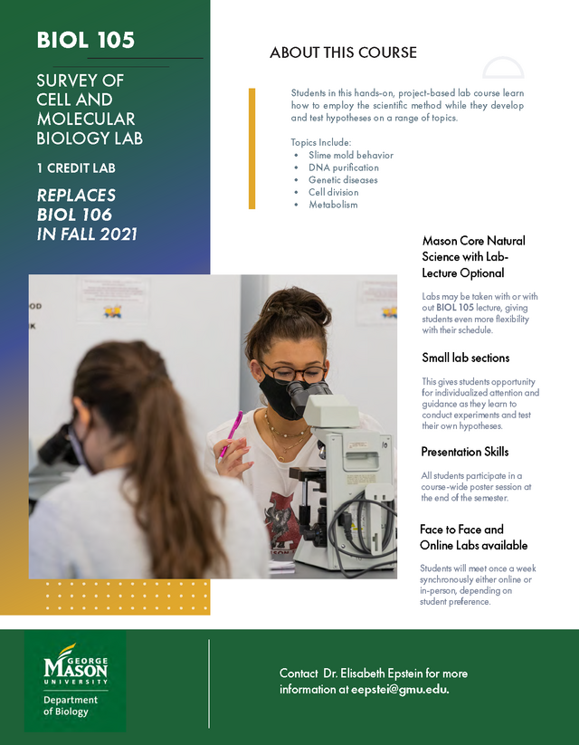 Flyer highlighting new BIOL 105 Lab Course