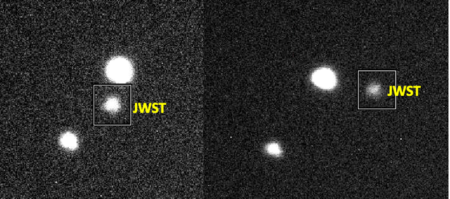 Mason Observatory observed JWST two nights after launch. Shown above left and right are sky views at two different times separated by half an hour.  We found JWST drifting through the night sky nearby two stars, a fuzzy point of sparkling light (Credit: Peter Plavchan).
