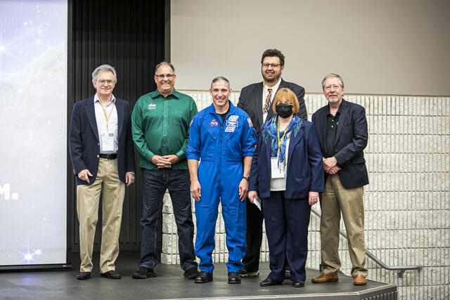 From left to right: Piotr Pachowicz, Associate Professor, College of Engineering and Computing; Fernando Miralles-Wilhelm, Dean, College of Science; Col. Michael Hopkins, Space Force and NASA Astronaut; Peter Plavchan, Associate Professor, College of Science; Gabriele Belle, Assistant Professor, Physics and Astronomy; and Steve Dam, President and Chief Operating Officer SPEC Innovations. 