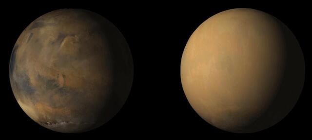Images of Mars during a global dust storm: On 28 May 2018 (left), before the onset of the global dust storm, and on 1 July 2018 (right), after the storm onset as captured by the Mars Color Imager on board NASA’s MRO. Credit: NASA/JPL-Caltech/MSSS