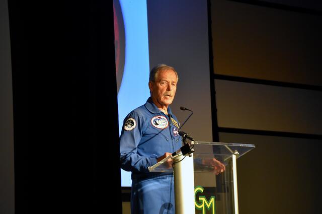 Retired NASA astronaut Captain Robert “Hoot” Gibson, USN speaking at Space Day 2025