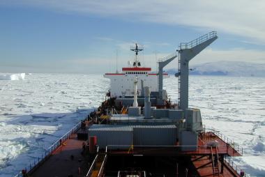The tanker Richard G. Matthiesen navigates the ice of the Arctic while under the command of Capt. Ralph H. Pundt. Photo courtesy of Capt. Pundt of the Maine Maritime Academy, a consultant for the grant.