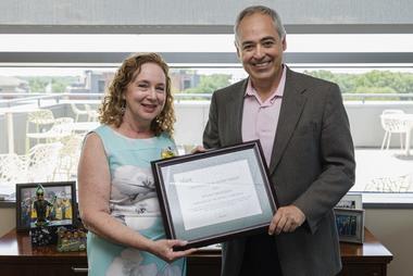 Susan Cheselka and President Ángel Cabrera. June 2019 Employee of the Month Susan Cheselka. Photo by Lathan Goumas/Strategic Communications