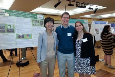 Dr. Kim with undergraduate advisees Diana Prado and Roger LeBlanc at the CHSS Undergraudate Research Symposium.