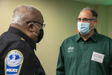 Mason and FARO Technologies Inc. announce partnership to advance forensic science research. The equipment is demonstrated at the lab dedication, including a crime scene simulation. Photo by: Shelby Burgess/Strategic Communications/George Mason University